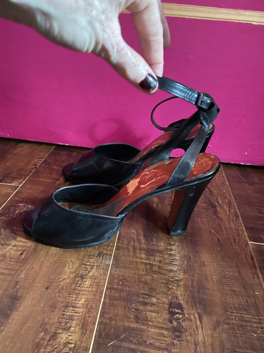 Vtg 1950’s Black leather Open-Toe Ankle-Strap Bettie Page High Heels Women 8.5 - Picture 8 of 8